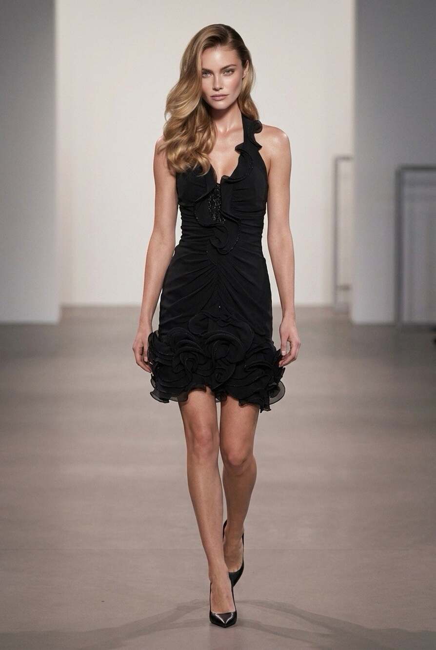 Y2K Vintage Alberto Makali Black Silk Beaded Mini Dress Halter Ruffle Sz L?